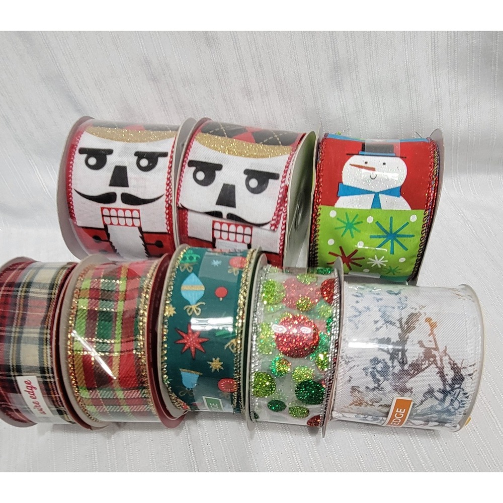 Christmas Wired Edge Ribbon Nutcracker Snowman Plaid Maker's HolidayLot of 8